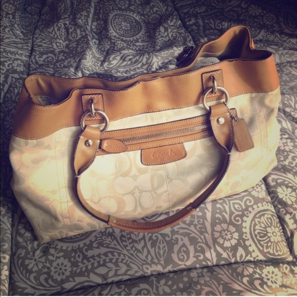 Cream Tan Brown Leather Coach Logo Purse
